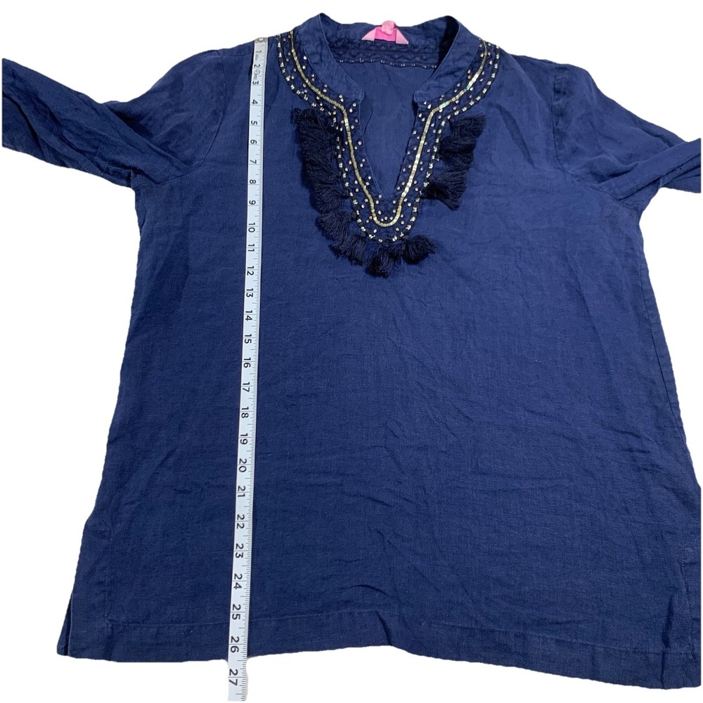 Lilly Pulitzer Amelia Island 100% Linen Tunic Women's Large Blue Gold Trim Top - Picture 6 of 10